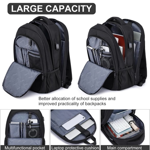 Black Men's Backpack with USB Charging Port - Picture 2 of 8